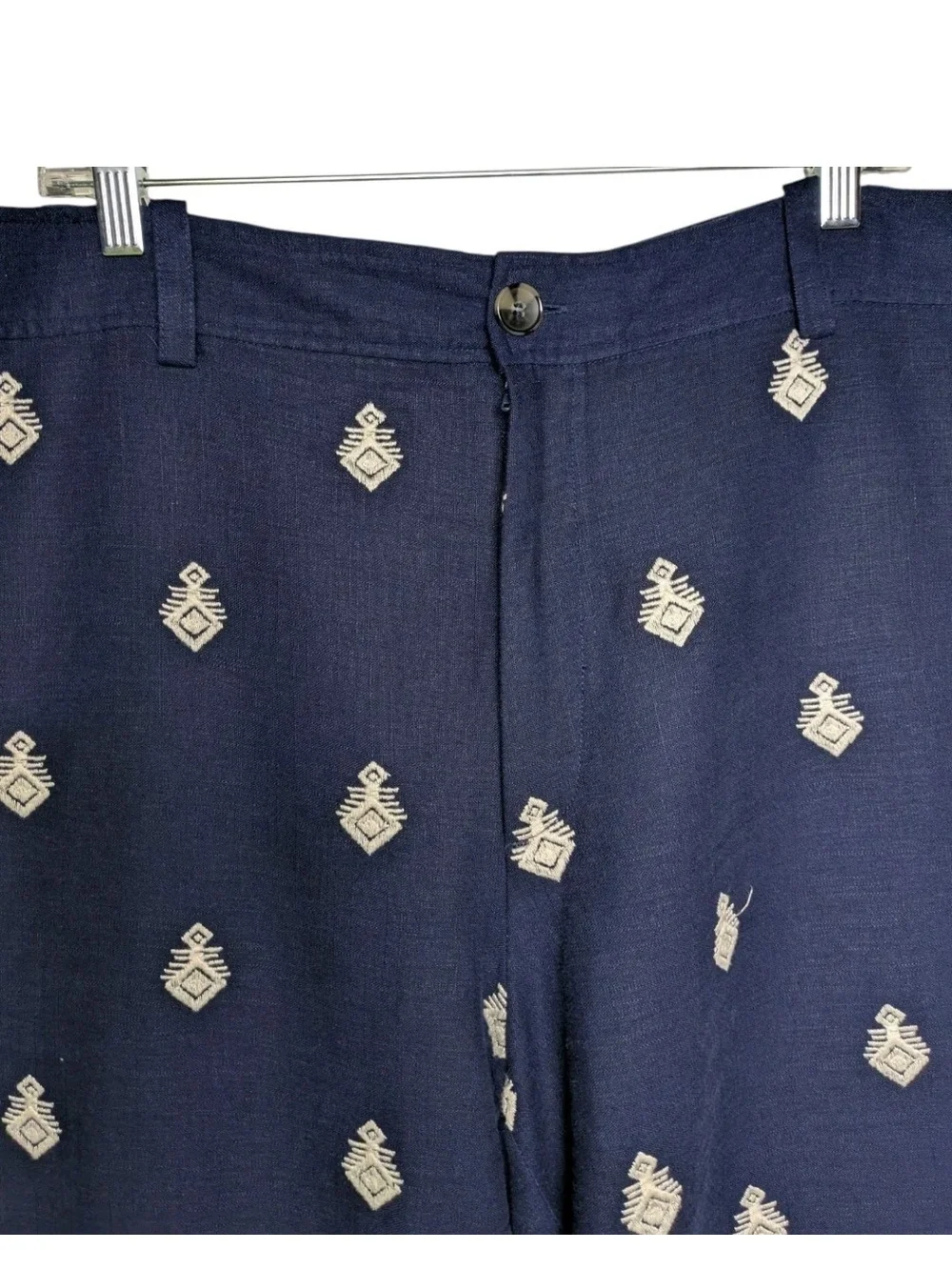 Zara Embroidered Linen Blend Crop Wide Leg Pants 2XL XXL Navy Cream